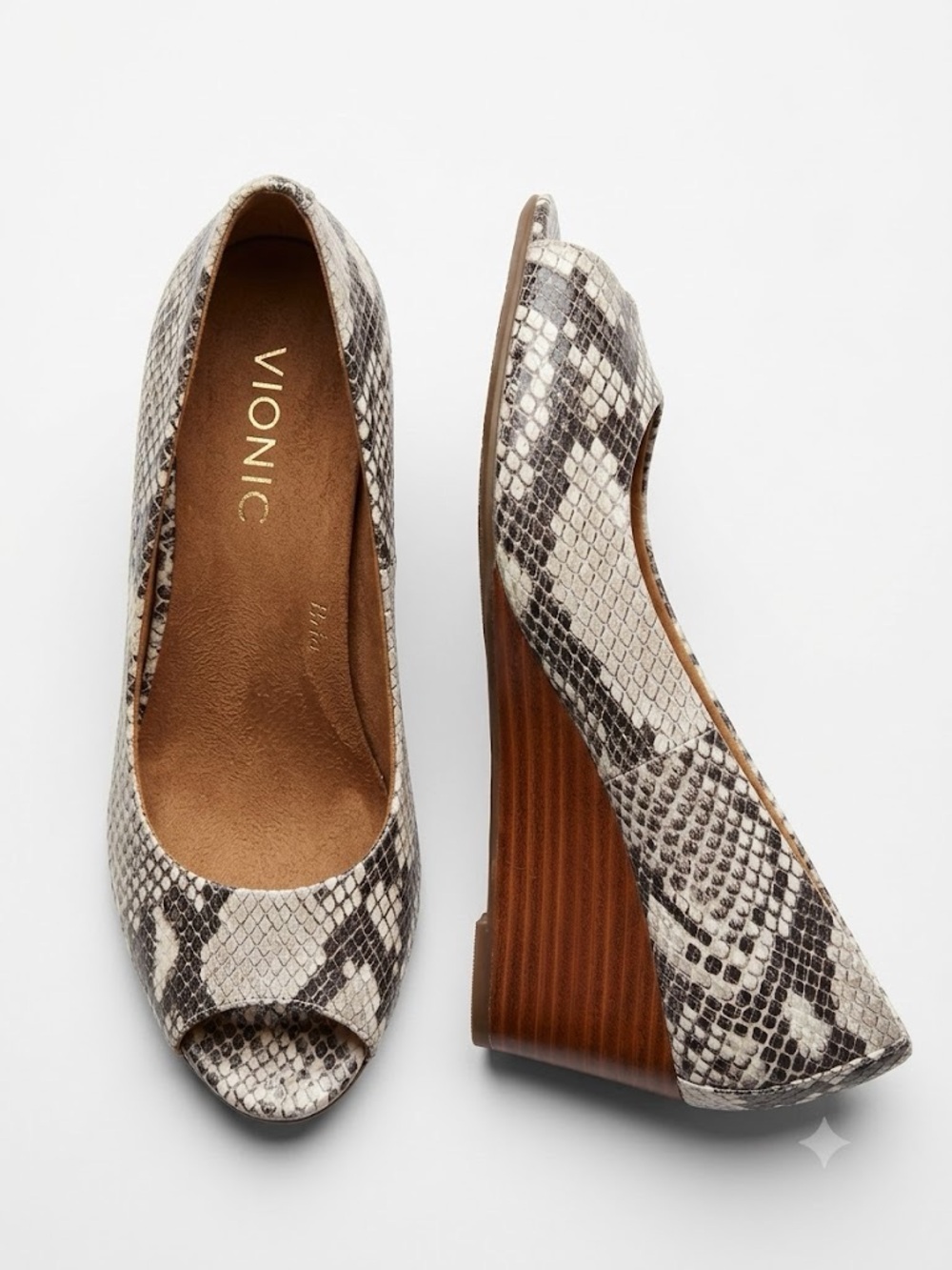 Vionic Bria Snakeskin Leather Peep Toe Wedge Heels Size 6